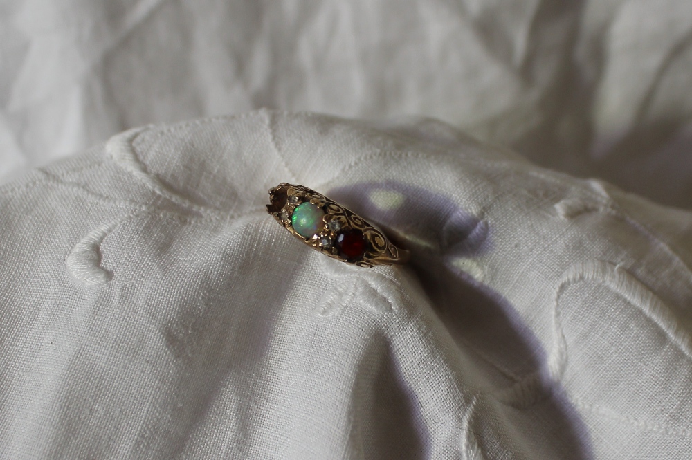 A 9ct yellow gold opal and garnet dress ring