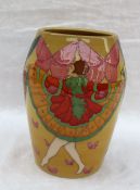 A Dennis China Works pottery trial vase of barrel shape decorated in the Butterfly Lady pattern,
