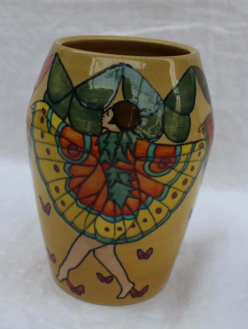 A Dennis China Works pottery trial vase of barrel shape decorated in the Butterfly Lady pattern, - Image 2 of 3