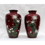 A pair of Japanese cloisonne enamel vases, decorated with chrysanthemums and leaves to a red ground,