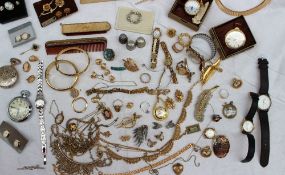 Assorted costume jewellery including gold plated hinged bangles, revlon watch, bracelets, necklaces,