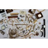 Assorted costume jewellery including gold plated hinged bangles, revlon watch, bracelets, necklaces,