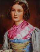 A porcelain plaque, transfer decorated with a young lady in traditional costume, 23.