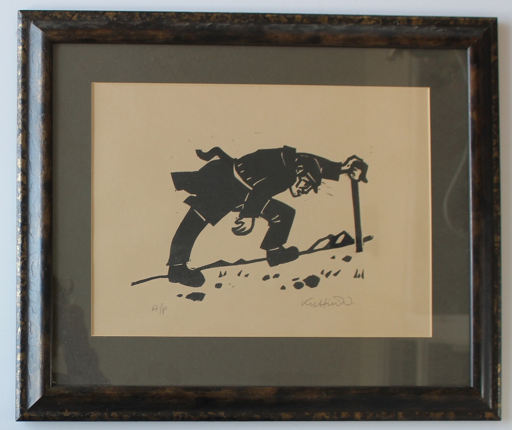 After Sir Kyffin Williams RA A farmer climbing a hill with a walking stick A Linocut artists proof - Image 2 of 3