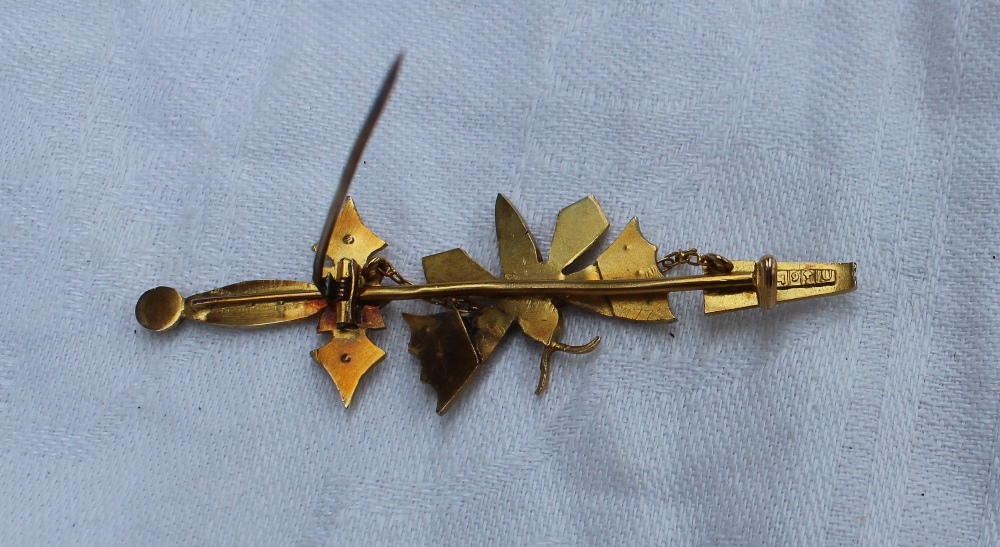 A yellow metal bar brooch in the form of a butterfly set with half pearls, marked 9, - Image 3 of 4