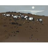 After Sir Kyffin Williams RA Welsh mountain ponies on a hillside A limited edition linocut print No.