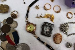 A 9ct gold lady's wristwatch together with a silver vesta case and assorted costume jewellery