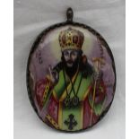 Russian School An iconic image of a religious man holding a staff Oval enamel miniature 7.