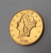 A 19th century Liberty Twenty dollar gold coin dated 1893, San Francisco mint mark, stamped J.B.L.