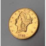 A 19th century Liberty Twenty dollar gold coin dated 1893, San Francisco mint mark, stamped J.B.L.