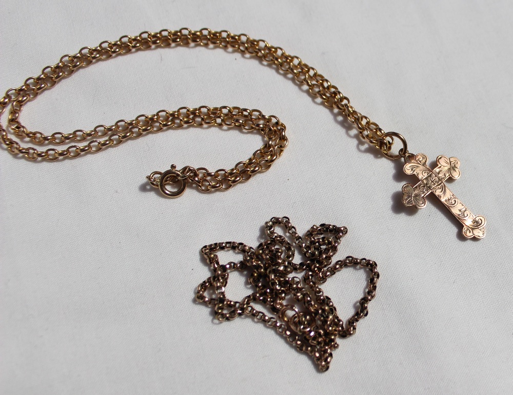 A 9ct yellow gold chain and cross, together with another 9ct gold chain, - Image 2 of 3