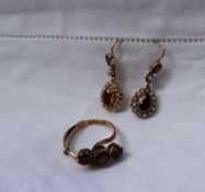 A pair of 15ct yellow gold garnet and seed pearl drop earrings,