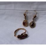 A pair of 15ct yellow gold garnet and seed pearl drop earrings,