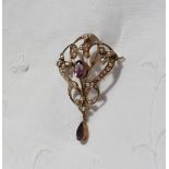 An Edwardian amethyst and seed pearl brooch/pendant,