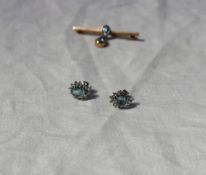 A pair of aquamarine and diamond cluster ear studs together with an aquamarine bar brooch,