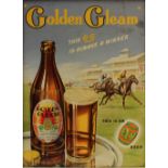 An advertising poster for "Golden Gleam" with horse racing imagery, 54 x 40.