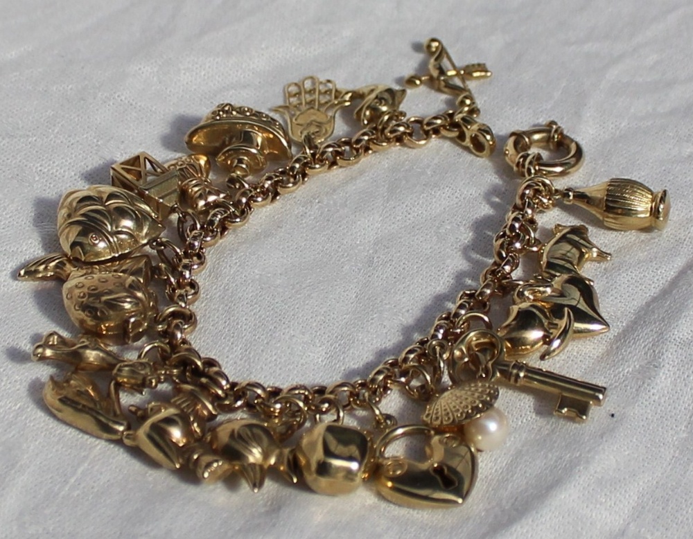 A 9ct yellow gold charm bracelet, set with a dolphin, fish, giraffe, strawberry etc, marked 375,