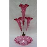 A Victorian cranberry glass epergne,