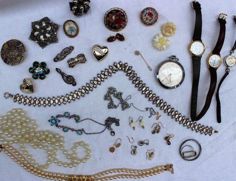 Assorted costume jewellery including faux pearls, other necklaces, wristwatches, earrings, brooches,