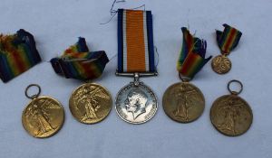 Four World War I Victory Medals issued to P-4557 L. CPL F.E.Baker M.F.P., 201348 PTE. P. Morgan. R.