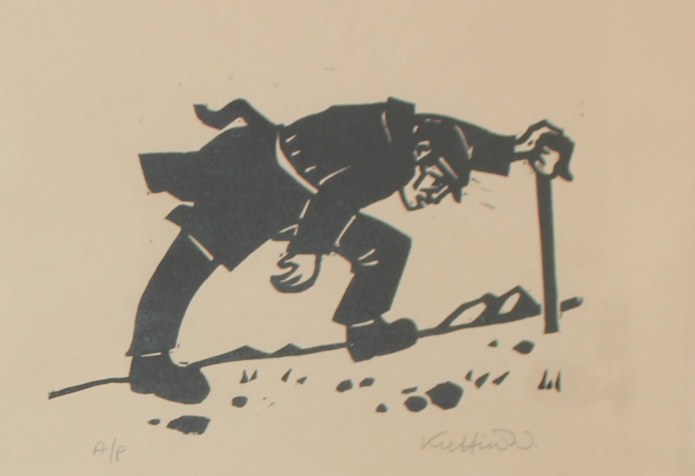 After Sir Kyffin Williams RA A farmer climbing a hill with a walking stick A Linocut artists proof