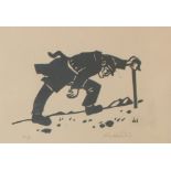 After Sir Kyffin Williams RA A farmer climbing a hill with a walking stick A Linocut artists proof