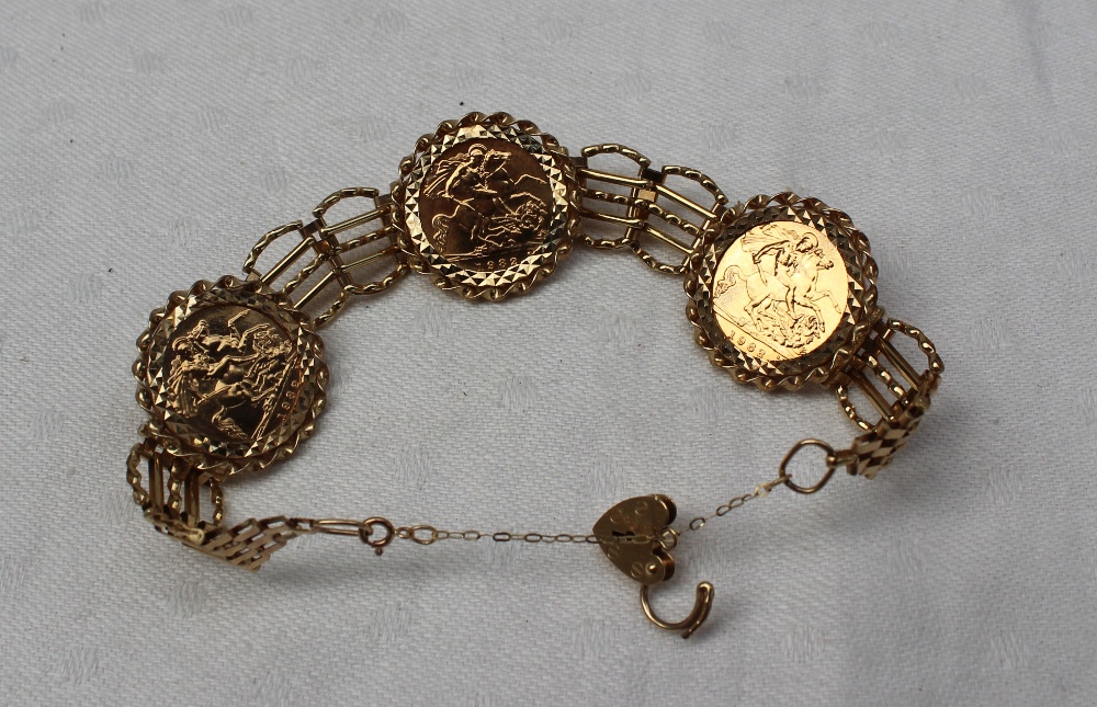 Three Elizabeth II gold half sovereigns, each dated 1982, in a 9ct yellow gold bracelet mount, - Image 2 of 3