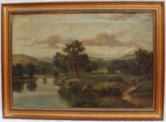J Wallace A landscape scene with a river in the foreground Oil on canvas Signed 49.