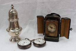 A George V silver sugar caster, London, 1928, together with two silver open faced pocket watches,