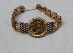 An Edward VII gold sovereign dated 1906, in a 9ct yellow gold bracelet mount,