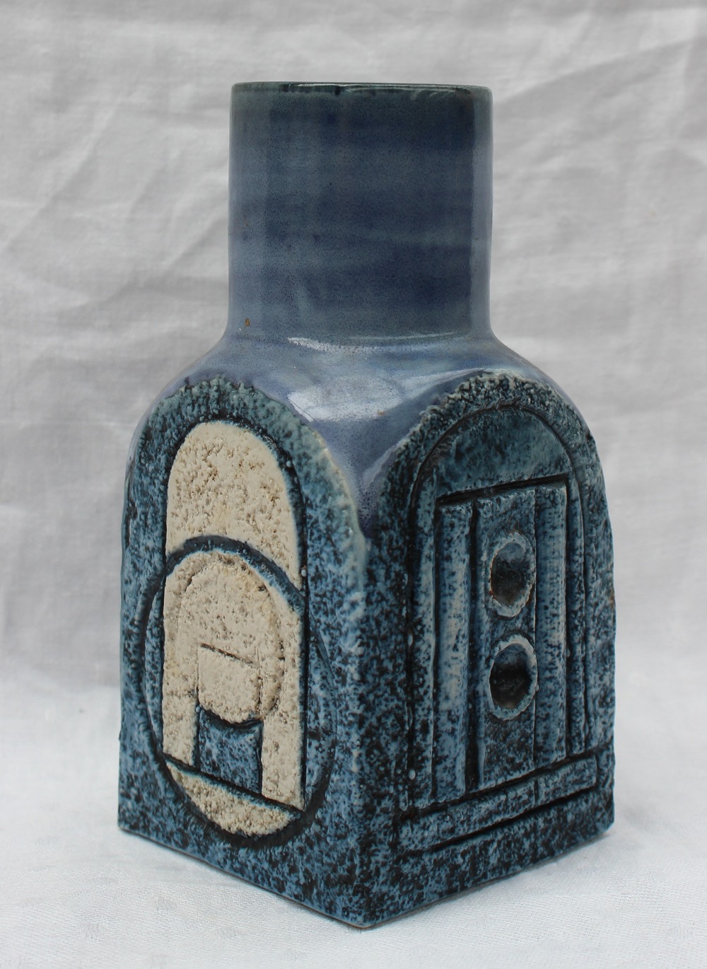 A Troika pottery vase of square form decorated with geometric patterns to a blue ground, unmarked, - Image 3 of 5