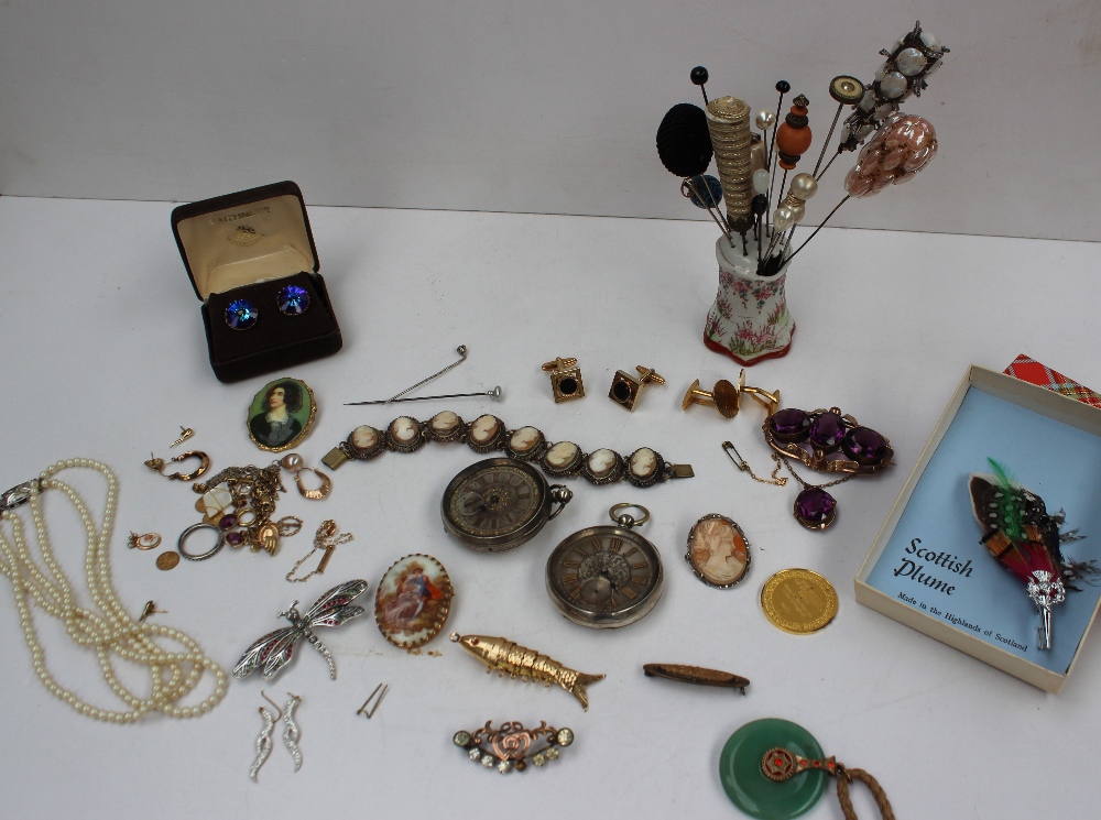 Assorted costume jewellery including cufflinks, earrings, cameo bracelet, brooches, pendants,