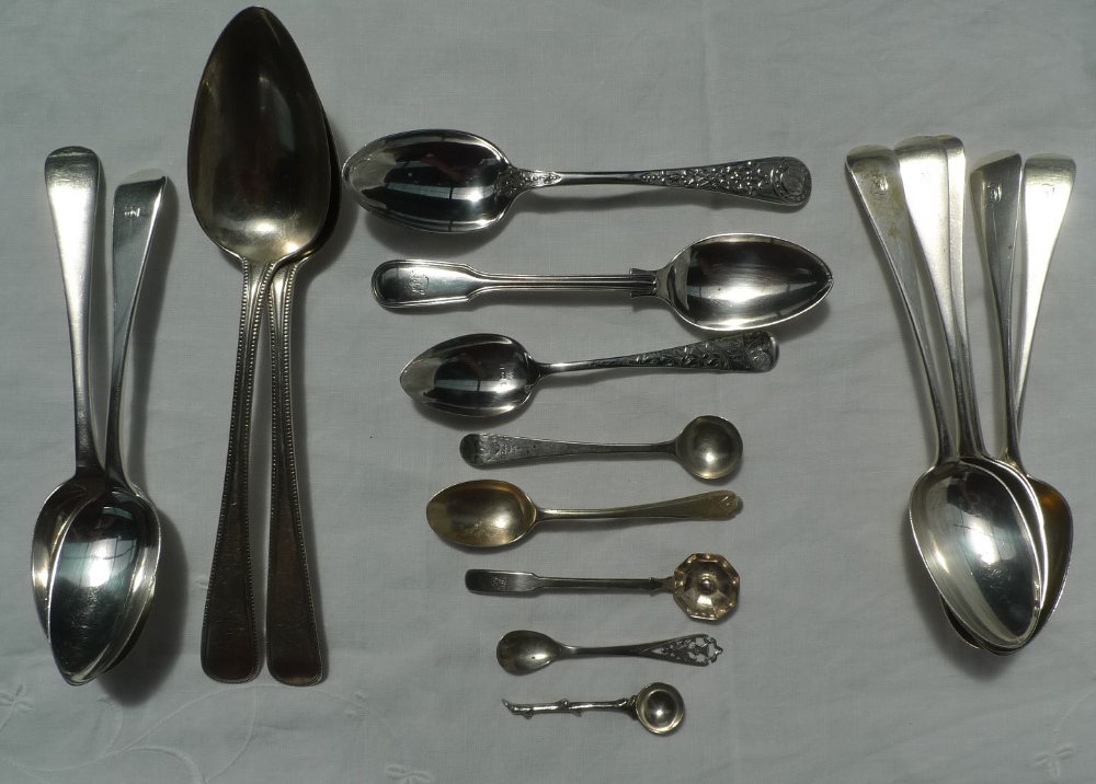 A late George III silver table spoon, London, 1816, together with silver dessert spoons,