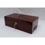 A Victorian mahogany laptop desk, of rectangular form with drop handles enclosing a sloping fall,