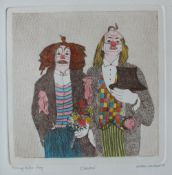 Gillian Lawson Clowns A coloured etching Artist proof Signed in pencil to the margin 14 x 14cm