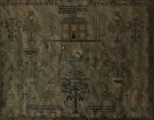 An early 19th century needlework sampler decorated with the alphabet, a house, trees, birds,