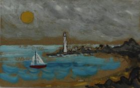 Jack Jones Mumbles coastline with a boat in the foreground Oil on board 12.6 x 20.
