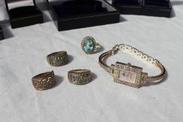 A collection of diamond and semi precious gem set 9ct gold dress rings,