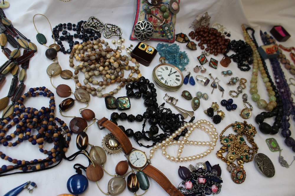 Assorted costume jewellery including bead necklaces, watches, bangles, goliath open faced watch, - Image 2 of 6