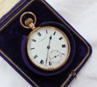 A 9ct yellow gold open faced keyless wound pocket watch,