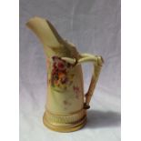 A Royal Worcester porcelain ewer with a faux antler handle transfer and infil decorated with flower
