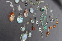 Assorted silver and semi precious stone set pendants, earrings, bracelet,