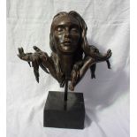 A bronze bust of a maiden, with flowers in her hair, stamped Morris Singer Founders London,