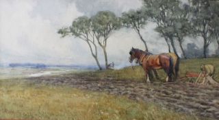 Mary S. Hagarty Ploughing the fields Watercolour Signed 20.5 x 38.