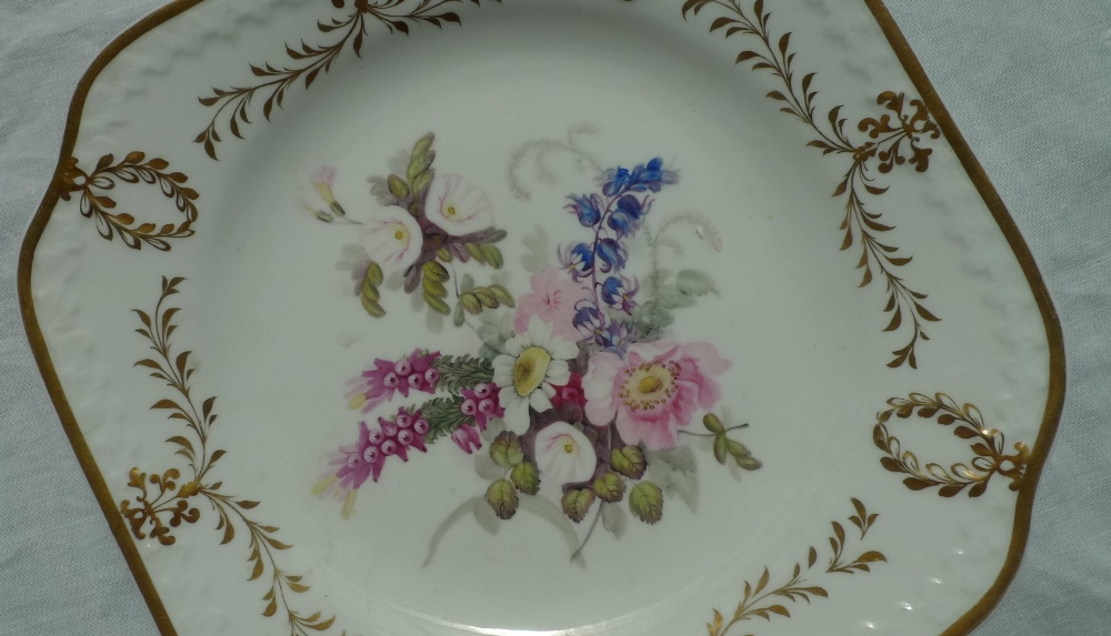 A 19th century English porcelain square plate, the gilt highlighted moulded border, - Image 2 of 4