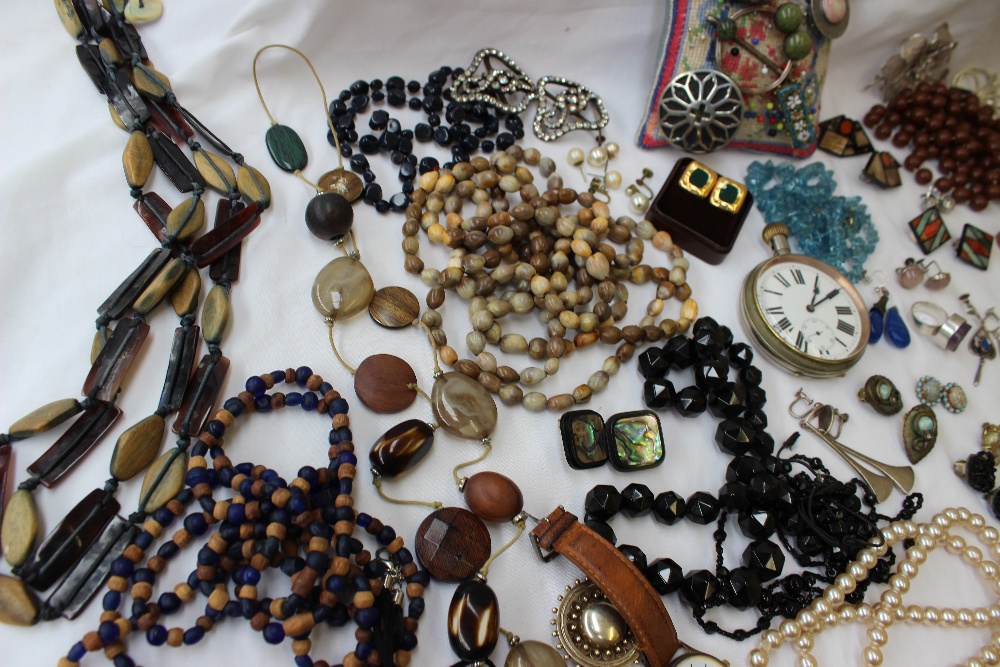 Assorted costume jewellery including bead necklaces, watches, bangles, goliath open faced watch, - Image 5 of 6