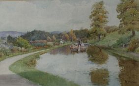 Robert Hollands Walker Exh. 1892-1920 On the canal Watercolour Signed 25 x 40.