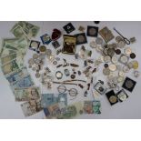 Assorted bank notes, together with Robertson gollywog badges, assorted crowns, tie pin, glasses,