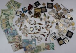 Assorted bank notes, together with Robertson gollywog badges, assorted crowns, tie pin, glasses,