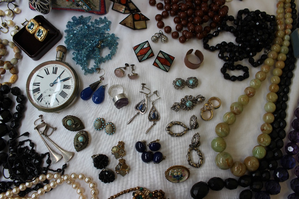 Assorted costume jewellery including bead necklaces, watches, bangles, goliath open faced watch, - Image 4 of 6